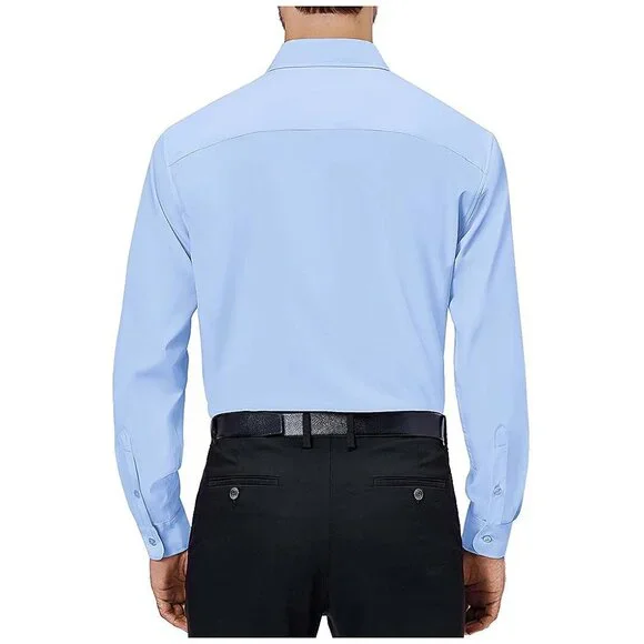 Mens Dress Shirts 4-Way Stretch Long Sleeve Collared Casual Light Blue - Picture 2 of 6